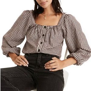 Madewell Puff Sleeve Button Front Crop Top in Plaid